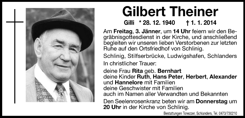  Traueranzeige für Gilbert Theiner vom 02.01.2014 aus Dolomiten