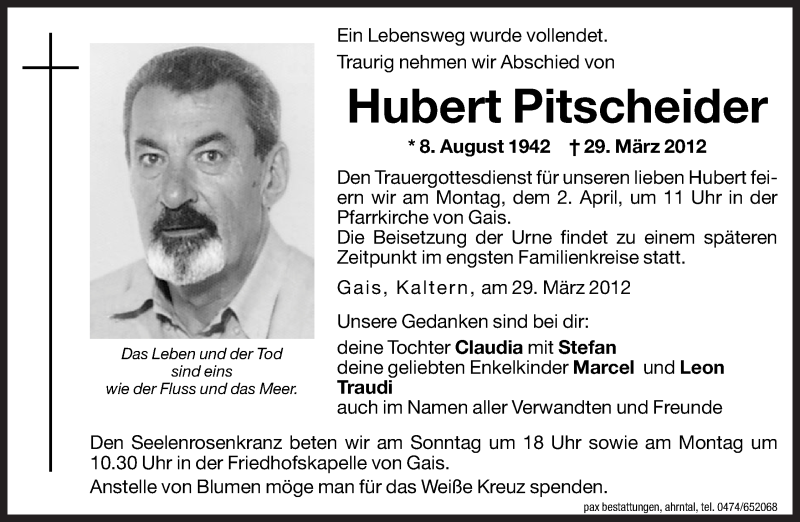  Traueranzeige für Hubert Pitscheider vom 31.03.2012 aus Dolomiten