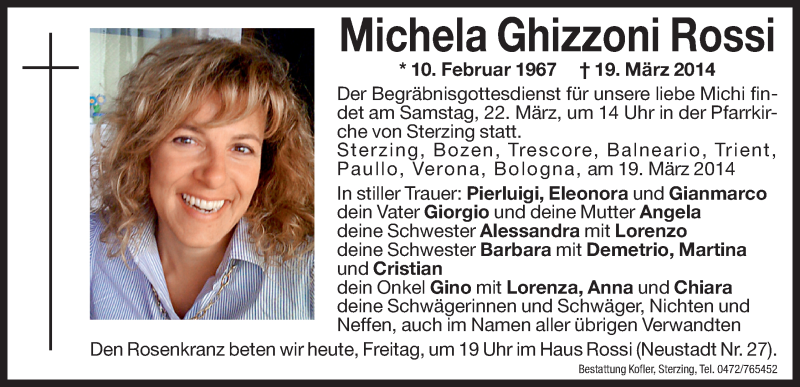  Traueranzeige für Michela Ghizzoni Rossi vom 21.03.2014 aus Dolomiten