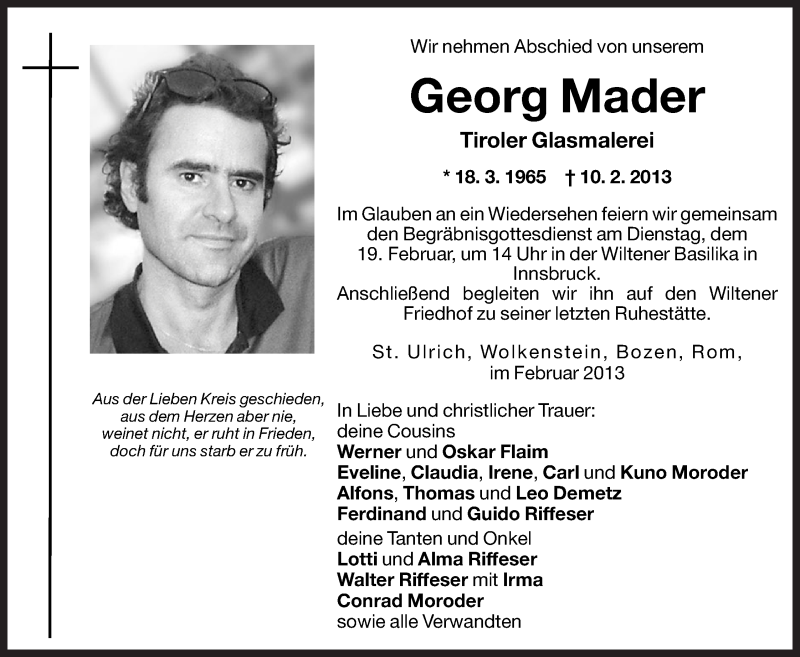  Traueranzeige für Georg Mader vom 16.02.2013 aus Dolomiten