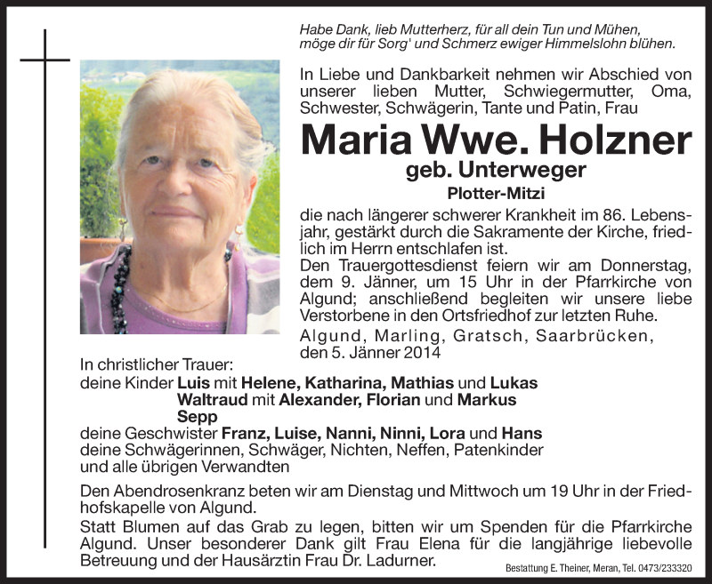  Traueranzeige für Maria Holzner vom 07.01.2014 aus Dolomiten