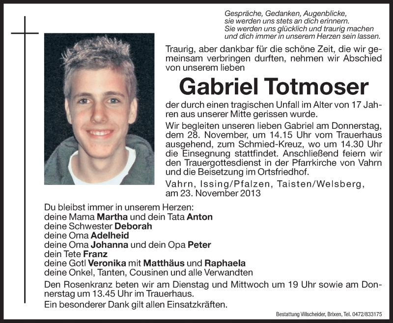  Traueranzeige für Gabriel Totmoser vom 26.11.2013 aus Dolomiten