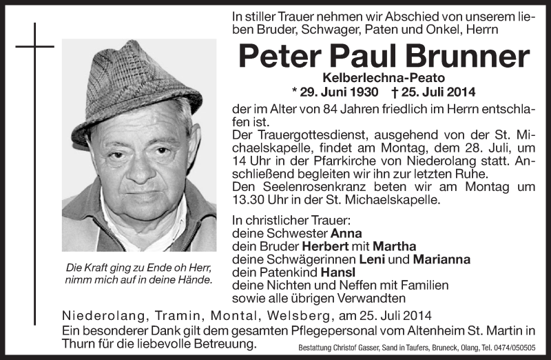  Traueranzeige für Peter Paul Brunner vom 28.07.2014 aus Dolomiten