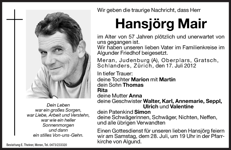  Traueranzeige für Hansjörg Mair vom 27.07.2012 aus Dolomiten