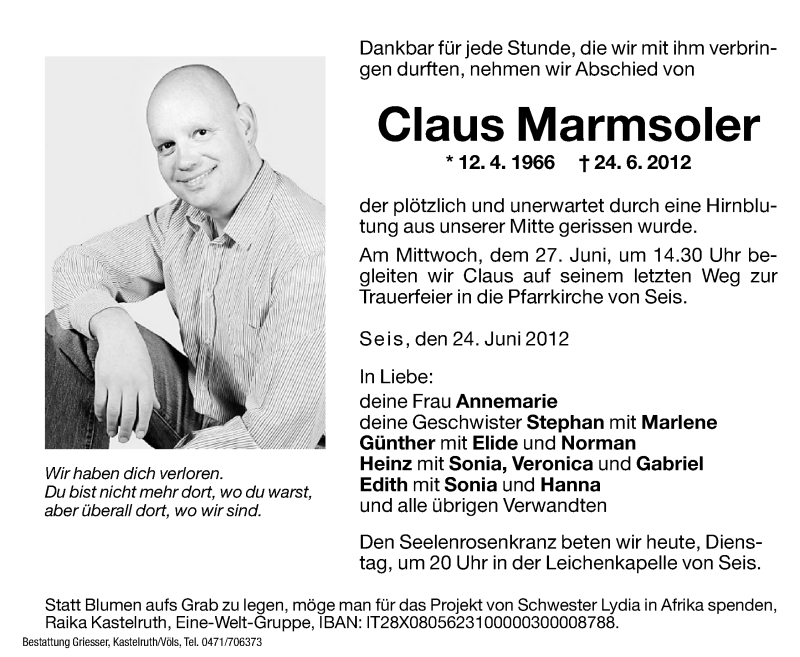  Traueranzeige für Claus Marmsoler vom 26.06.2012 aus Dolomiten