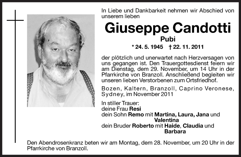  Traueranzeige für Giuseppe Candotti vom 25.11.2011 aus Dolomiten