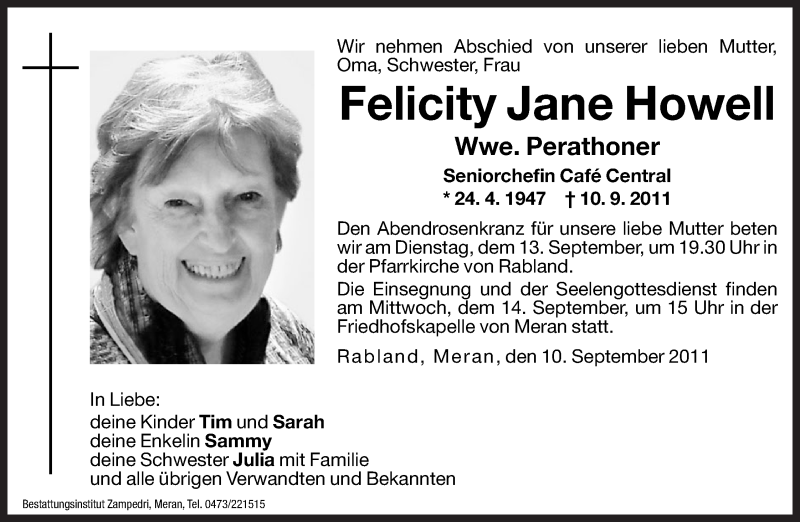  Traueranzeige für Felicity Jane Perathoner vom 12.09.2011 aus Dolomiten