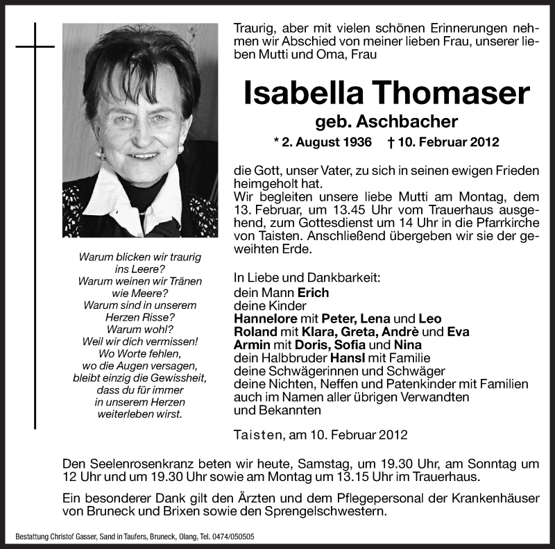  Traueranzeige für Isabella Thomaser vom 11.02.2012 aus Dolomiten