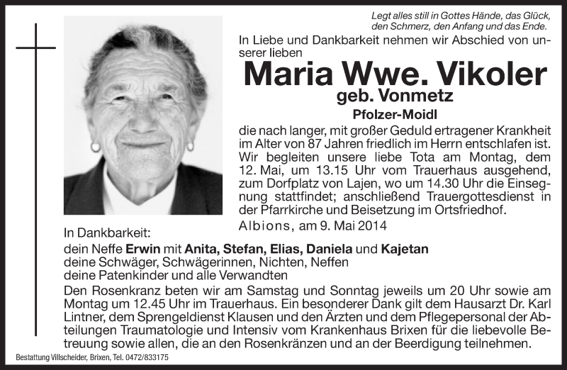  Traueranzeige für Maria Vikoler vom 10.05.2014 aus Dolomiten