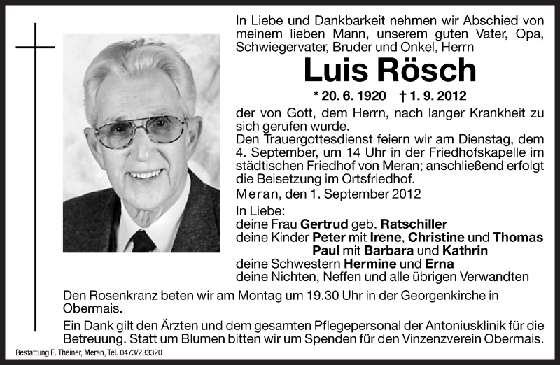  Traueranzeige für Luis Rösch vom 03.09.2012 aus Dolomiten