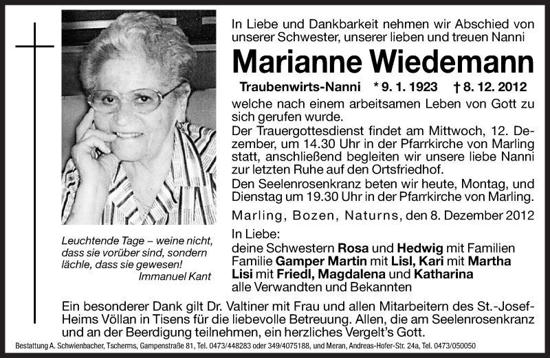  Traueranzeige für Marianne Wiedemann vom 10.12.2012 aus Dolomiten