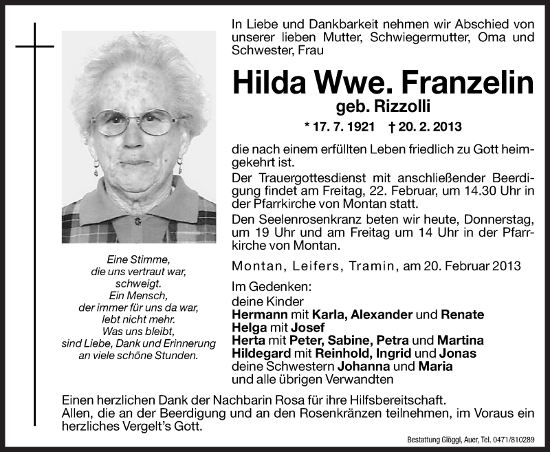  Traueranzeige für Hilda Franzelin vom 21.02.2013 aus Dolomiten