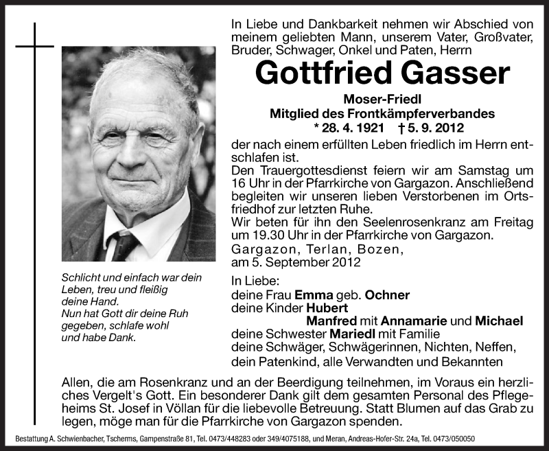  Traueranzeige für Gottfried Gasser vom 07.09.2012 aus Dolomiten