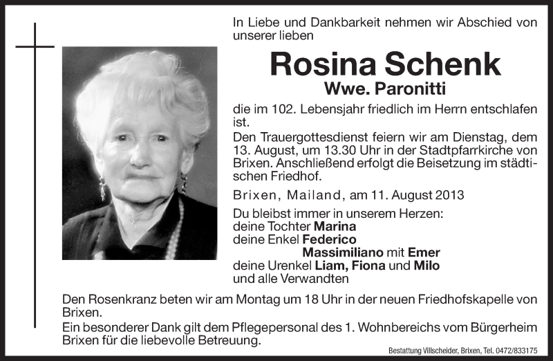  Traueranzeige für Rosina Paronitti vom 12.08.2013 aus Dolomiten