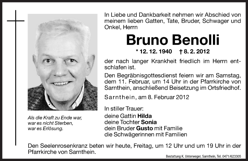  Traueranzeige für Bruno Benolli vom 10.02.2012 aus Dolomiten