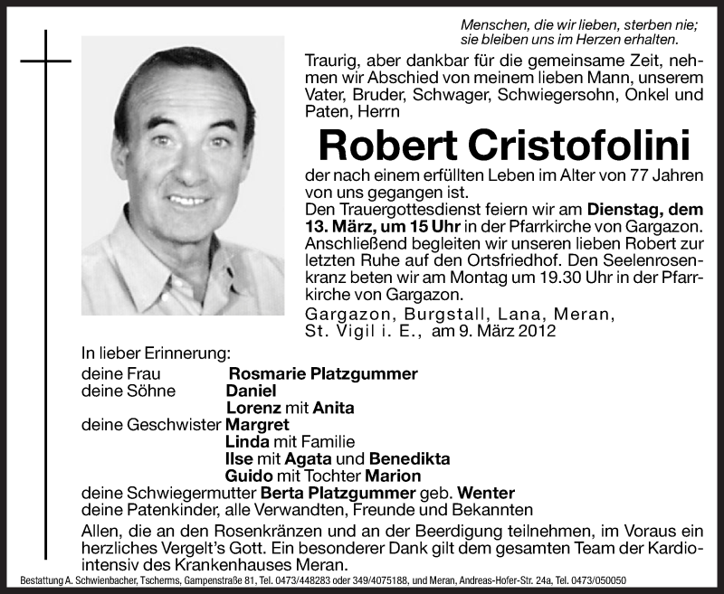  Traueranzeige für Robert Cristofolini vom 12.03.2012 aus Dolomiten