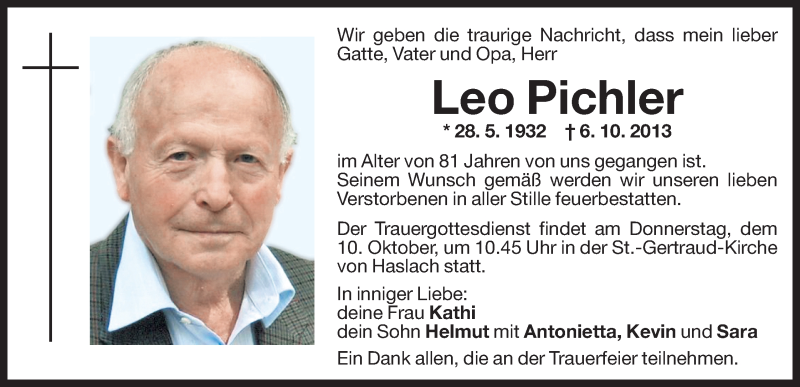  Traueranzeige für Leo Pichler vom 09.10.2013 aus Dolomiten