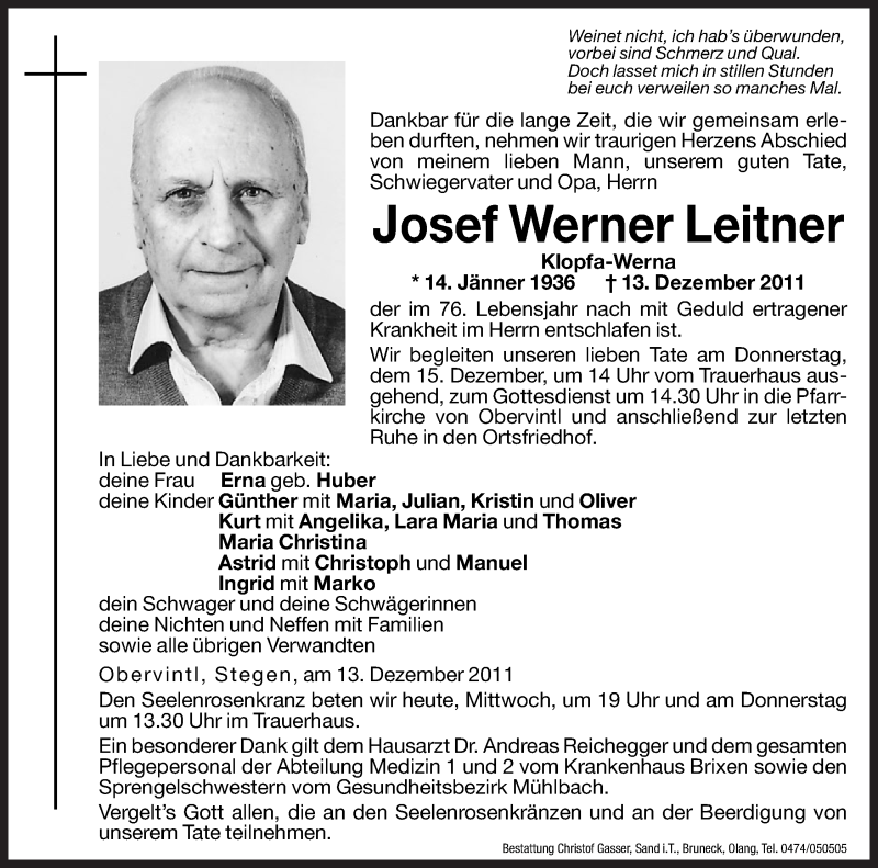  Traueranzeige für Josef Werner Leitner vom 14.12.2011 aus Dolomiten