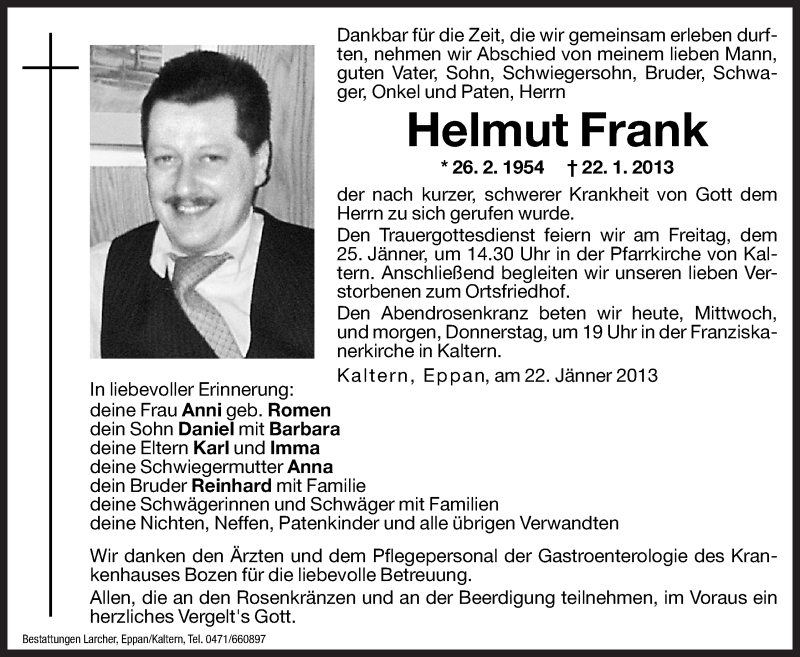  Traueranzeige für Helmut Frank vom 23.01.2013 aus Dolomiten