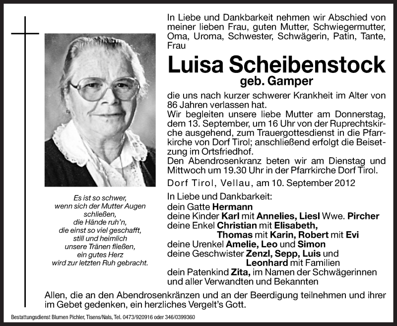  Traueranzeige für Luisa Scheibenstock vom 11.09.2012 aus Dolomiten