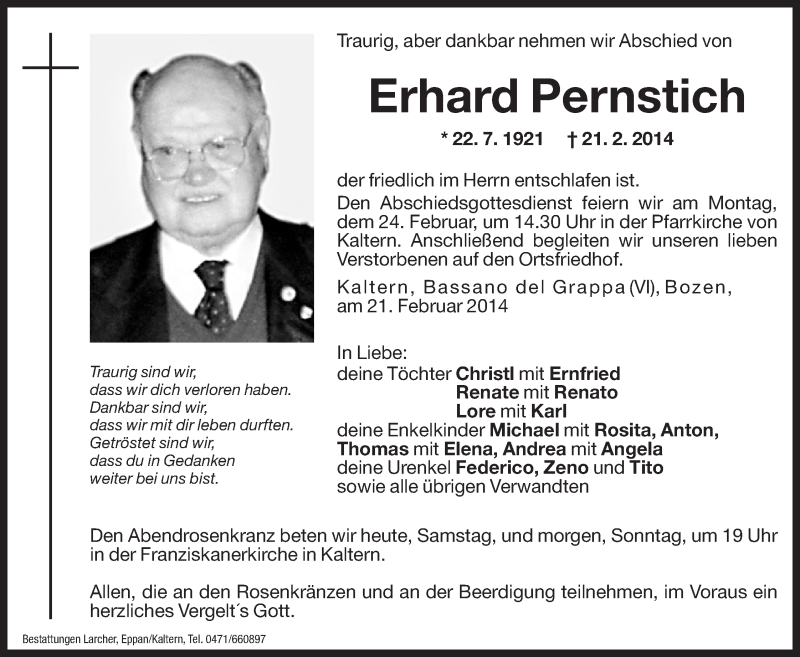  Traueranzeige für Erhard Pernstich vom 22.02.2014 aus Dolomiten