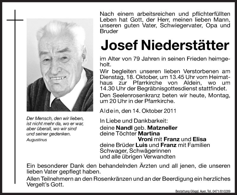  Traueranzeige für Josef Niederstätter vom 17.10.2011 aus Dolomiten