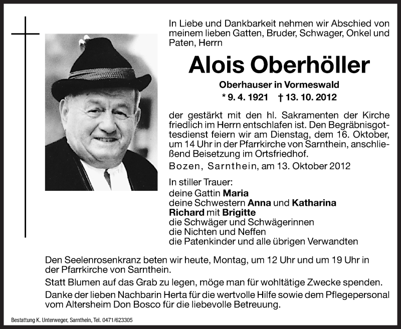  Traueranzeige für Alois Oberhöller vom 15.10.2012 aus Dolomiten