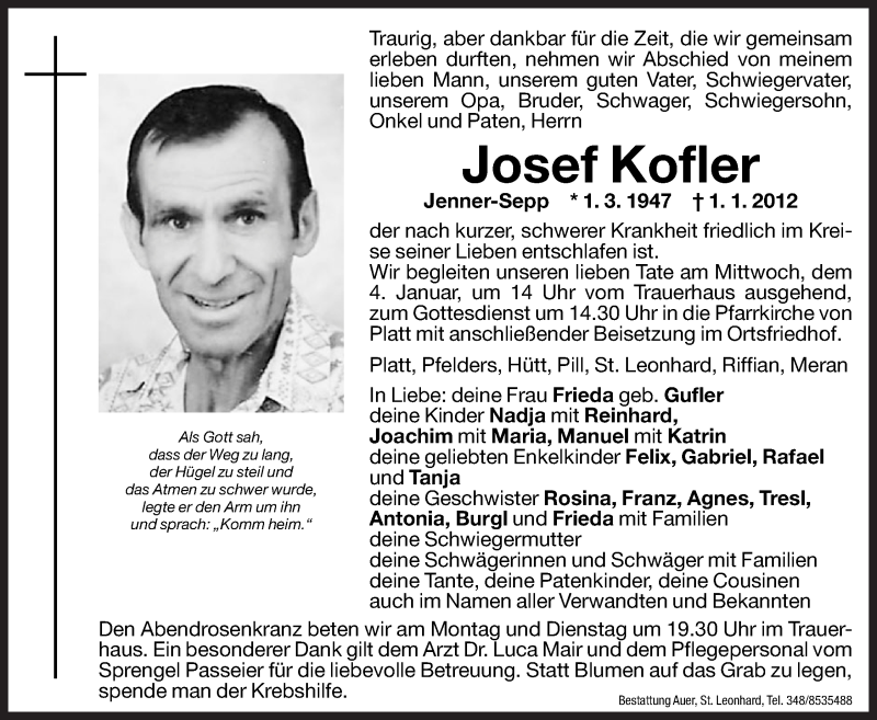  Traueranzeige für Josef Kofler vom 02.01.2012 aus Dolomiten