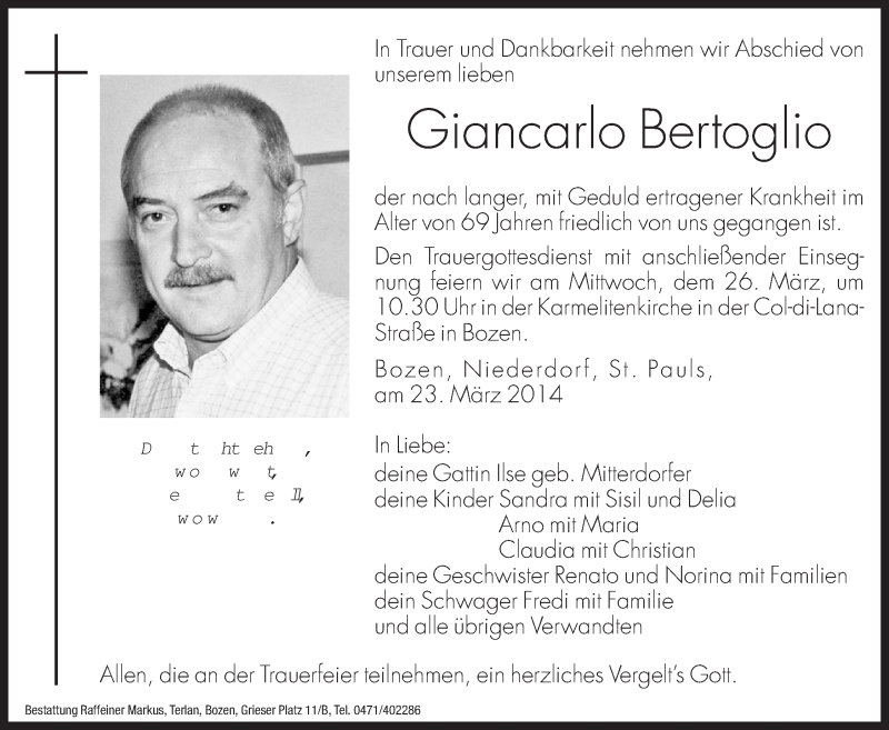  Traueranzeige für Giancarlo Bertoglio vom 24.03.2014 aus Dolomiten