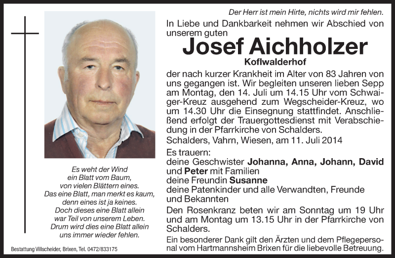  Traueranzeige für Josef Aichholzer vom 12.07.2014 aus Dolomiten