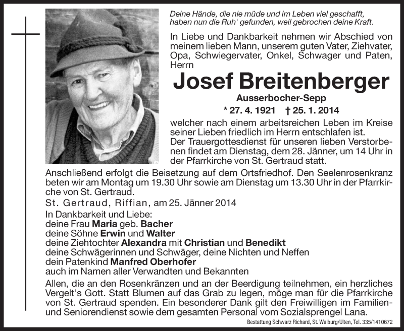  Traueranzeige für Josef Breitenberger vom 27.01.2014 aus Dolomiten