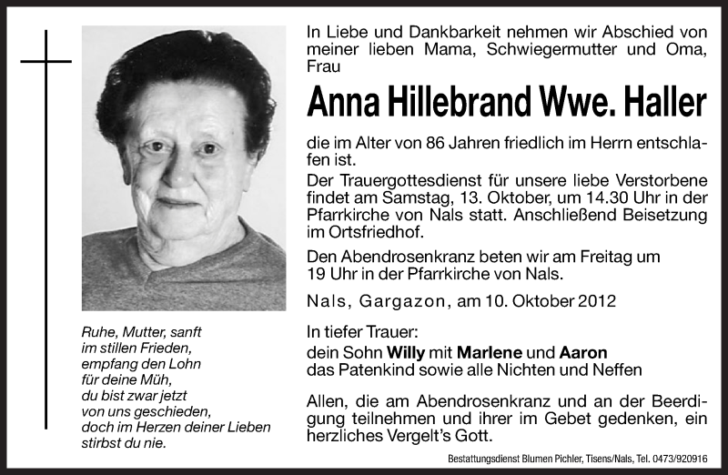  Traueranzeige für Anna Haller vom 12.10.2012 aus Dolomiten