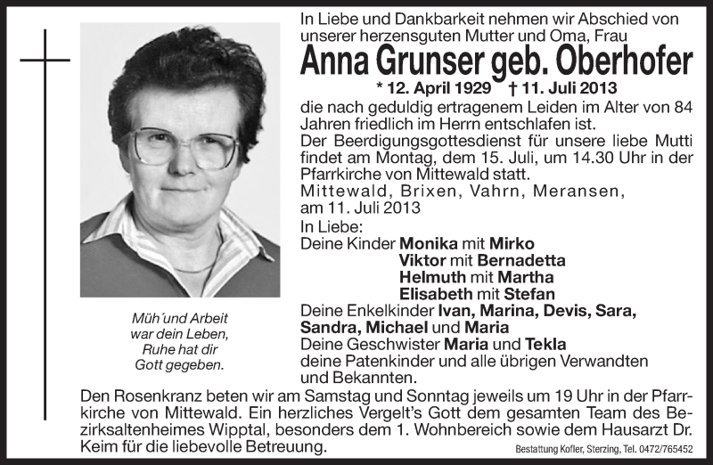  Traueranzeige für Anna Grunser vom 13.07.2013 aus Dolomiten