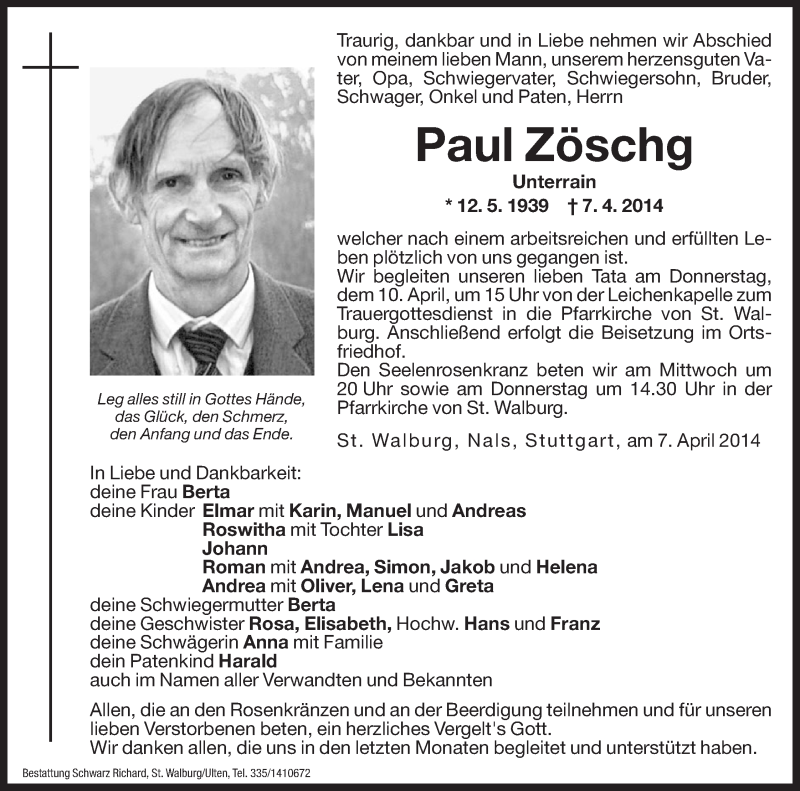  Traueranzeige für Paul Zöschg vom 09.04.2014 aus Dolomiten