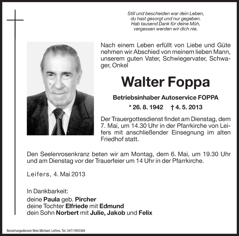  Traueranzeige für Walter Foppa vom 06.05.2013 aus Dolomiten