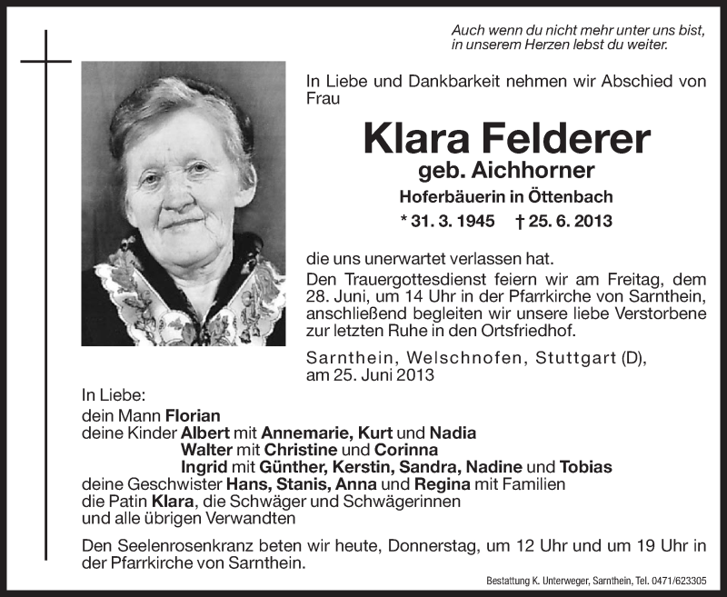  Traueranzeige für Klara Felderer vom 27.06.2013 aus Dolomiten