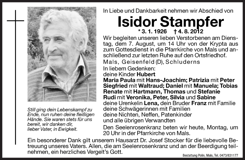  Traueranzeige für Isidor Stampfer vom 06.08.2012 aus Dolomiten