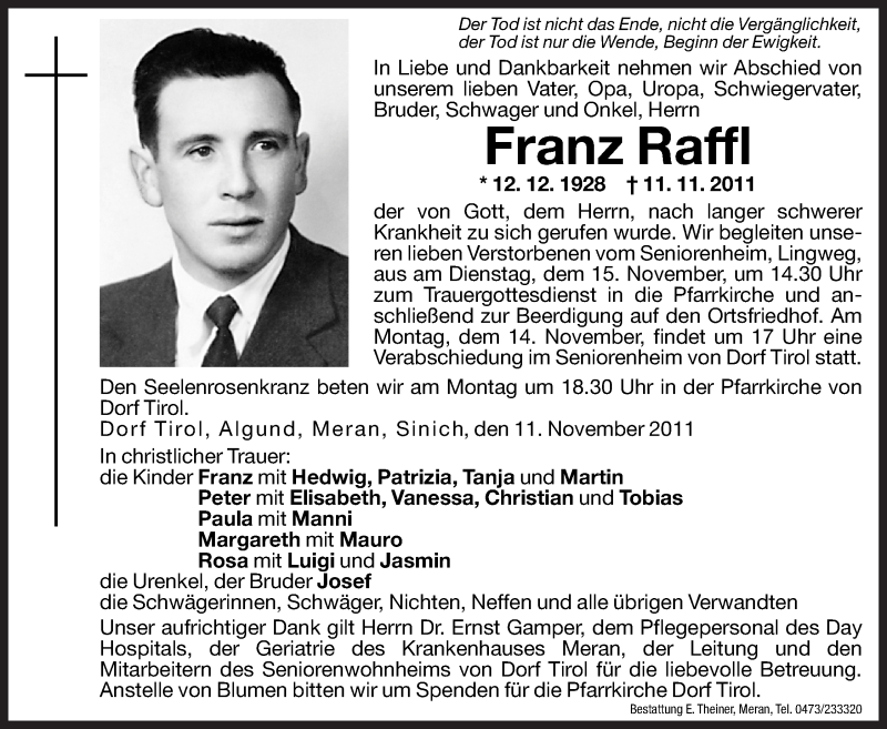  Traueranzeige für Franz Raffl vom 14.11.2011 aus Dolomiten