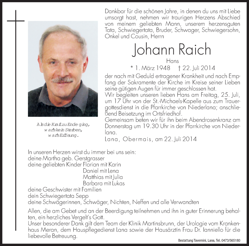  Traueranzeige für Johann Raich vom 24.07.2014 aus Dolomiten