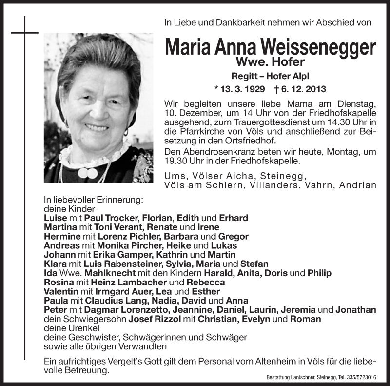  Traueranzeige für Maria Anna Hofer vom 09.12.2013 aus Dolomiten