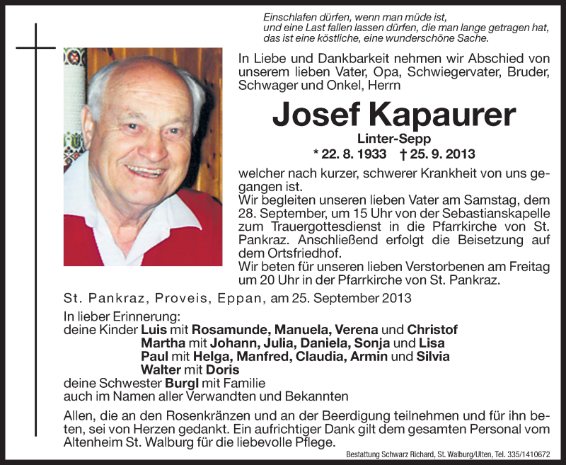  Traueranzeige für Josef Kapaurer vom 27.09.2013 aus Dolomiten