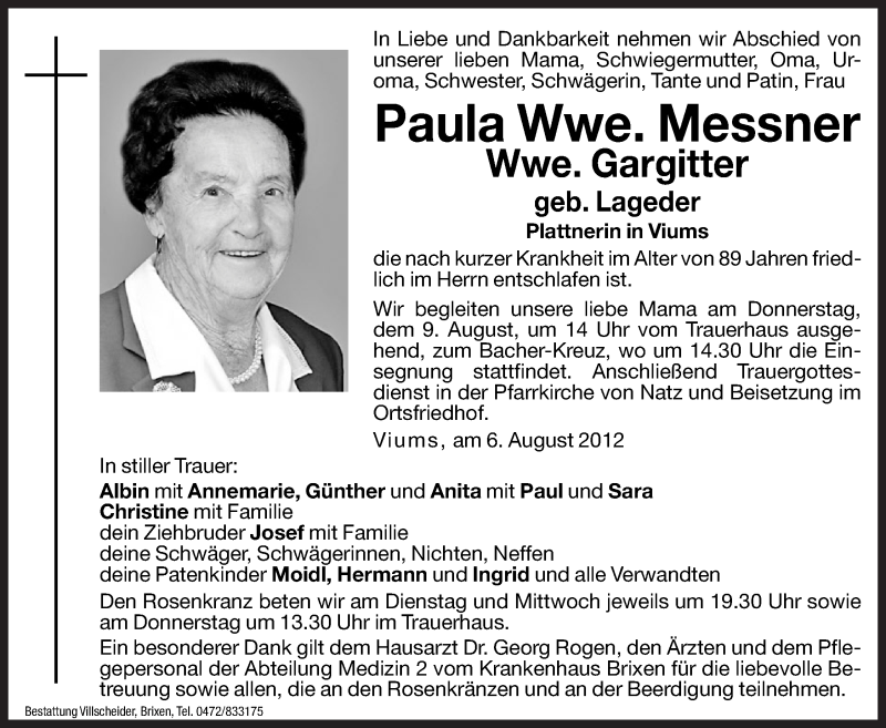  Traueranzeige für Paula Messner vom 07.08.2012 aus Dolomiten