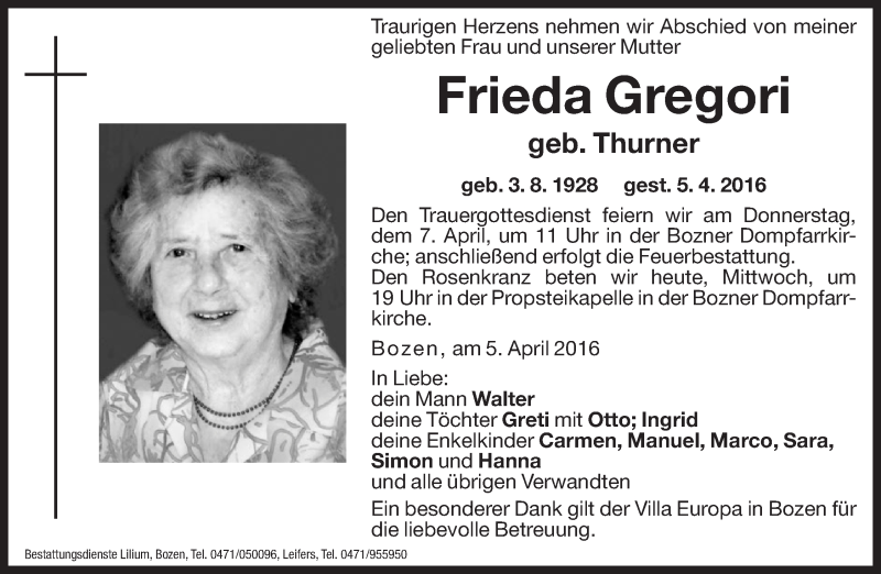  Traueranzeige für Frieda Gregori vom 06.04.2016 aus Dolomiten