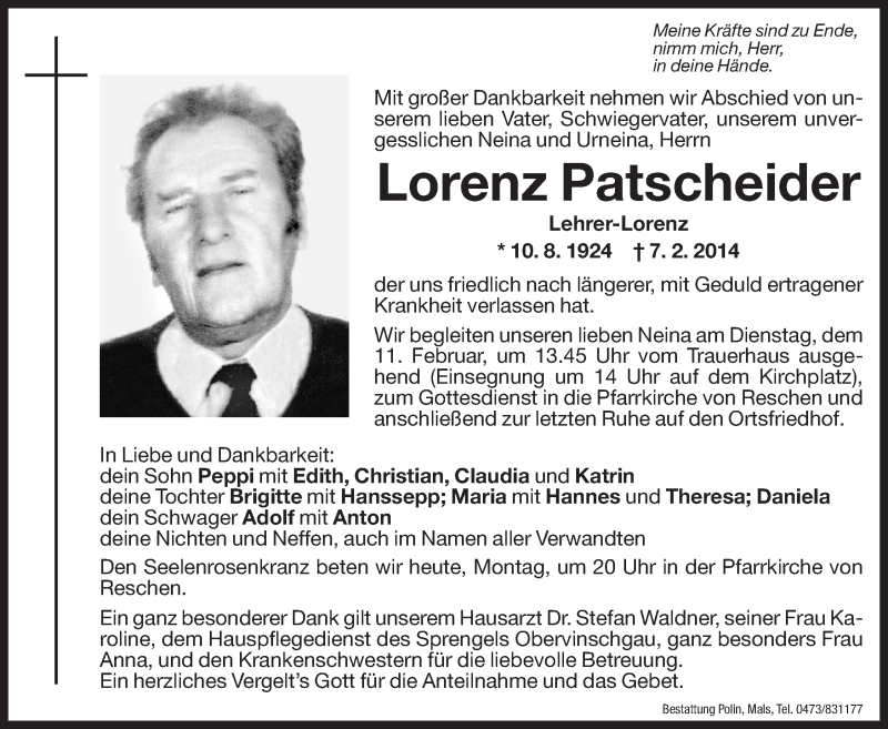  Traueranzeige für Lorenz Patscheider vom 10.02.2014 aus Dolomiten