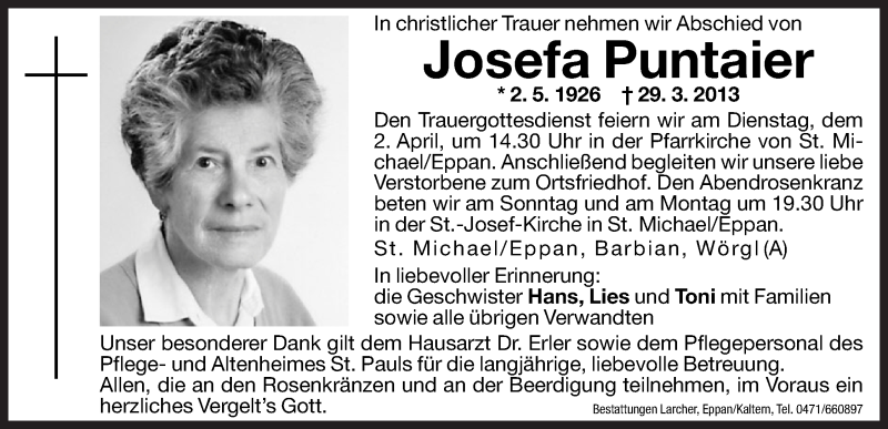  Traueranzeige für Josefa Puntaier vom 30.03.2013 aus Dolomiten