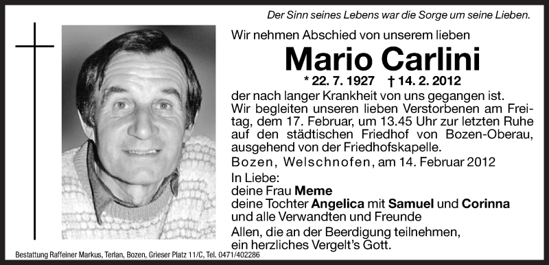  Traueranzeige für Mario Carlini vom 15.02.2012 aus Dolomiten