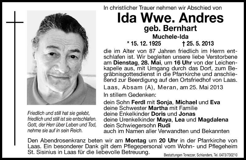  Traueranzeige für Ida Andreas vom 27.05.2013 aus Dolomiten