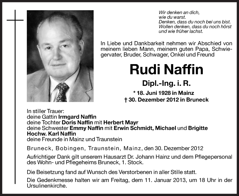  Traueranzeige für Rudi Naffin vom 10.01.2013 aus Dolomiten