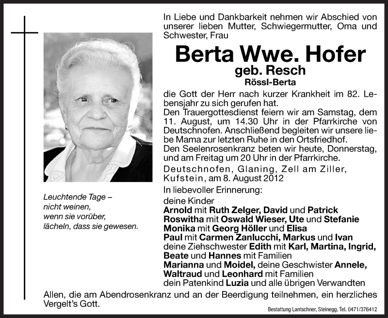  Traueranzeige für Berta Hofer vom 09.08.2012 aus Dolomiten