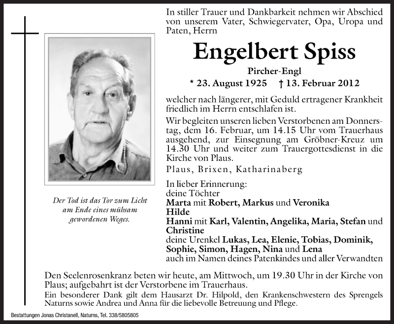  Traueranzeige für Engelbert Spiss vom 15.02.2012 aus Dolomiten